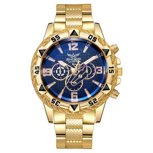 Men's gold steel watch with blue checkered dial and functional sub-dials on white background