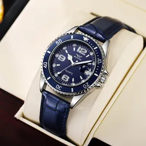 Montre Homme Luxe Business Quartz Lunette Tournante Affichage Date Boîtier Alliage Bracelet Cuir Acier Inoxydable Décontractée