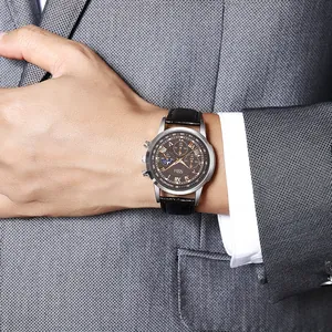 Detail of multi-function men's quartz watch with brown Roman dial and black leather strap