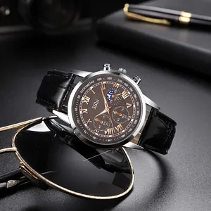 Men's business quartz watch with brown Roman numeral dial and black leather strap
