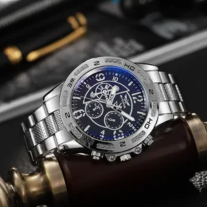 Macro detail of men's steel watch with blue dial and chronograph design on office desk