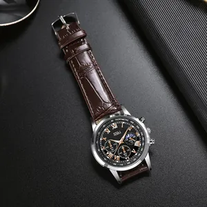 Men's business watch with brown leather strap and three-eye black Roman numeral dial