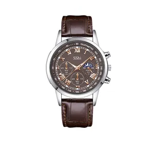 Men's business quartz watch with brown leather strap, silver case and Roman numerals dial