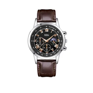 Macro detail of men's business watch with black dial, Roman numerals, and brown leather strap