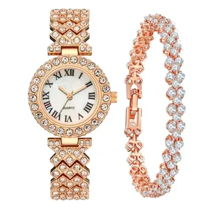 Luxury Women Quartz Watch And Bracelet Rhinestone Embellished Roman Numerals Alloy Wristwatch Bracelet Ladies Jewelry Gift