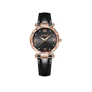 Élégante montre à quartz Amadi pour femme avec bracelet en cuir noir et boîtier en or rose taillé