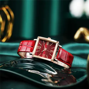 Montre quartz vintage pour femme avec cadran carré rouge et bracelet en cuir crocodile