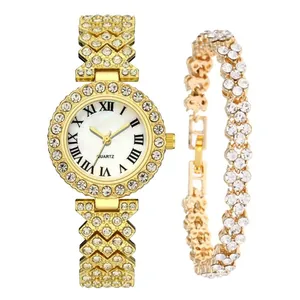 Macro detail of gold-plated women's watch and bracelet set with sparkling crystals