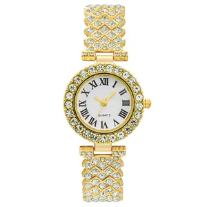 Luxury gold women's watch with full crystal rhinestones and Roman numeral white dial