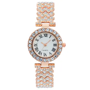 Luxury rose gold women watch with crystal-encrusted wavy band and Roman dial