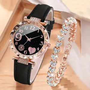 Elegante Dames Quartz Horloge Sterrenhemel Wijzerplaat Hart Bloemenpatroon Kunstlederen Band Strass Bezel Mode Polshorloge En Armband