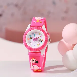 Rosa Flamingo Kinderuhr mit 3D-Silikonarmband und Schmetterlings-Sekundenzeiger aus Quarz