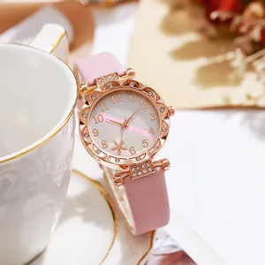 Women Fashion Quartz Watch Floral Dial Rhinestone Scalloped Bezel Alloy Case Faux Leather Strap Elegant Ladies Wristwatch