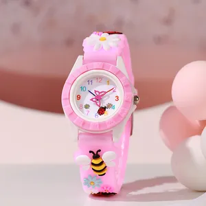 Rosa Kinderquarzuhr für Mädchen mit Bienen-Silikonarmband und buntem Zifferblatt