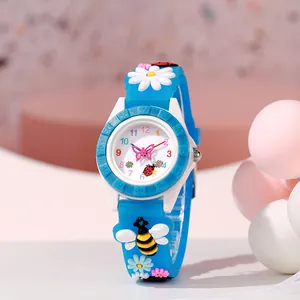 Blaue Kinderquarzuhr mit 3D-Bienen- und Blumendekor aus Silikon für Schulkinder