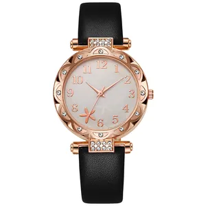 Women's quartz watch with starfish dial, rose gold rhinestone bezel and black leather strap