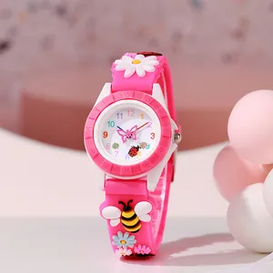 Rosa Kinderquarzuhr mit 3D-Silikonarmband, verziert mit Bienen und Blumenmotiven