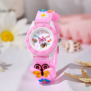Rosa Schmetterling Kinderuhr mit Silikonarmband und Blumendesign für kleine Mädchen
