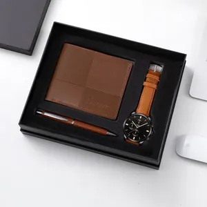 Coffret cadeau homme avec portefeuille en cuir marron, montre et stylo de luxe noir