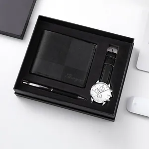 Coffret cadeau d'affaires pour hommes avec portefeuille en cuir noir, montre et stylo