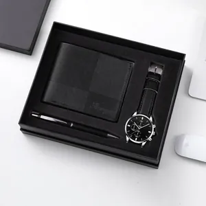 Coffret cadeau d'affaires pour hommes avec montre à quartz, portefeuille en cuir et stylo