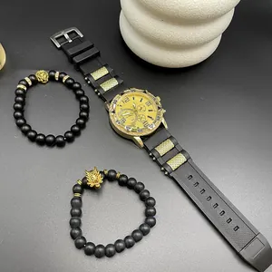 Set orologio da uomo dorato di lusso con cinturino in silicone e bracciali con leone