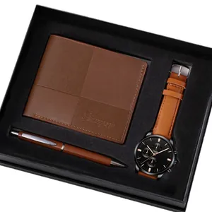 Coffret cadeau luxe pour homme avec portefeuille en cuir brun, stylo et montre à quartz