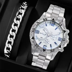 Men's fashion watch and cuban chain bracelet set in a premium black gift box