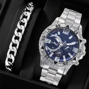 Men Business Fashion Quartz Watch Set With Cuban Link Bracelet Alloy Band Glass Mirror Large Dial Wristwatch Gift For Male
