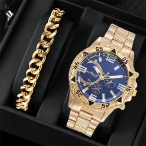 Men's fashion gold metal watch with deep blue dial and matching Cuban chain bracelet set