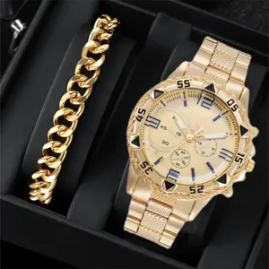 Luxury gold-plated men's watch and Cuban chain bracelet set in a black premium gift box