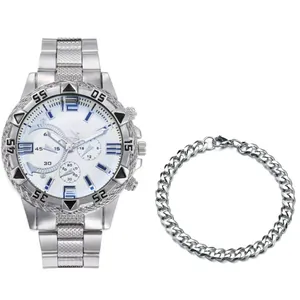 Fashion men's quartz watch with large silver dial and matching Cuban link bracelet set