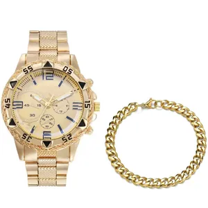 Detailed set of men's gold-tone large dial watch and matching flat Cuban chain bracelet