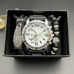 Set regalo orologio da uomo argento con cinturino nero e braccialetto di perline