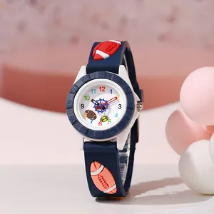 Kinder Quarzuhr mit dunkelblauem Silikonarmband und 3D-Cartoon-Rugby-Mustern