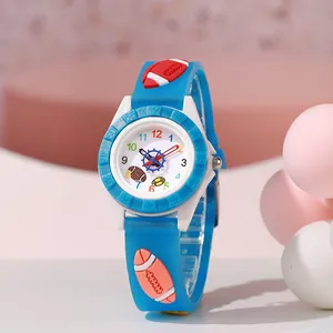 Blaue Kinder-Quarzuhr mit Rugby-Muster und weichem Silikonarmband für Schüler im Sportstil