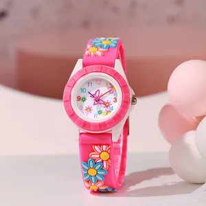 Rosa Kinderuhr aus Silikon mit 3D-Sonnenblumen und Gänseblümchen-Dekor für Mädchen