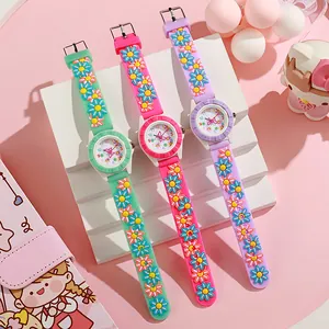 Süße Kinder Quarzuhren in Grün Pink und Lila mit 3D Blumen Silikonarmbändern