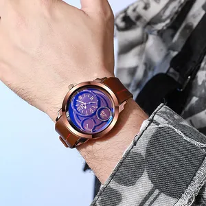 Classic men's quartz watch with brown leather strap and rose gold multi-dial face