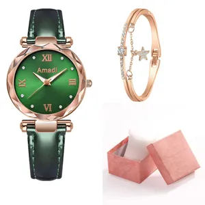 Coffret montre femme vert émeraude avec chiffres romains et bracelet étoile dorée