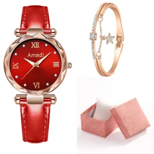 Coffret détaillé de montre à cadran rouge et bracelet étoile en boîte rose