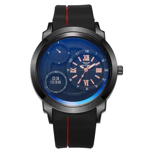 Detailed view of men's dual display watch with black silicone strap and red accents