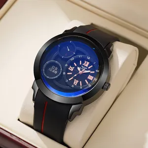Fashionable men's quartz sports watch with black silicone strap and blue coated glass dial