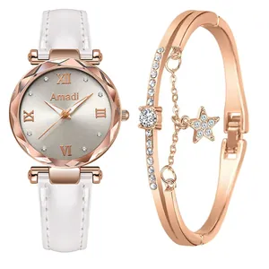 Montre élégante en or rose avec bracelet en cuir blanc et bracelet étoile assorti
