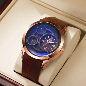 Rose gold men's quartz watch with brown silicone strap and dual analog-digital display