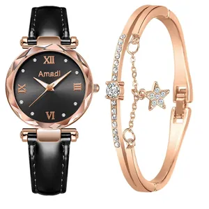 Ensemble de Bijoux Montre à Quartz et Bracelet pour Femme Amadi Chiffres Romains Cadran Rayonnant Verre à Coupe Géométrique Cadeau pour Femme