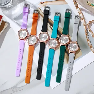 Fashion women's quartz watches with silicone straps in six colors and rhinestone bezel
