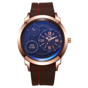 Fashionable men's quartz watch with rose gold case, brown strap and dual time display