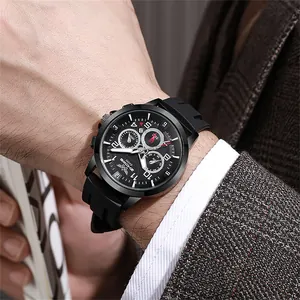 Montre à quartz sport pour hommes avec grand cadran, bracelet en silicone et trois sous-cadrans