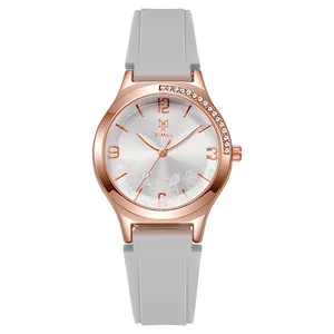 Elegant rose gold quartz watch with rhinestones and grey silicone strap for women